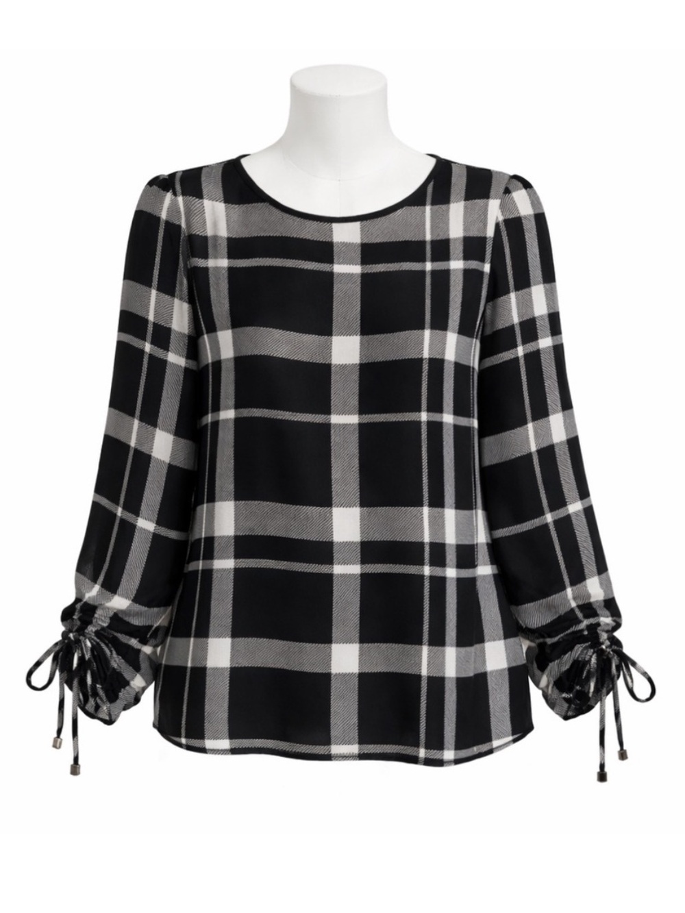Size L Calvin Klein Women’s Black White Plaid Ruched Sleeve Blouse Top